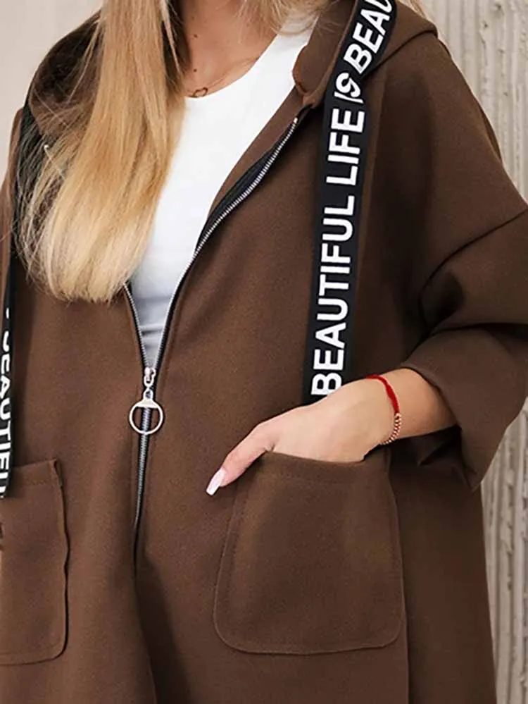 カジュアル長袖冬フード付きジャケット秋エレガントなレタースプライシングルーズアウターコート女性ファッションジップウールポケットソリッドコート