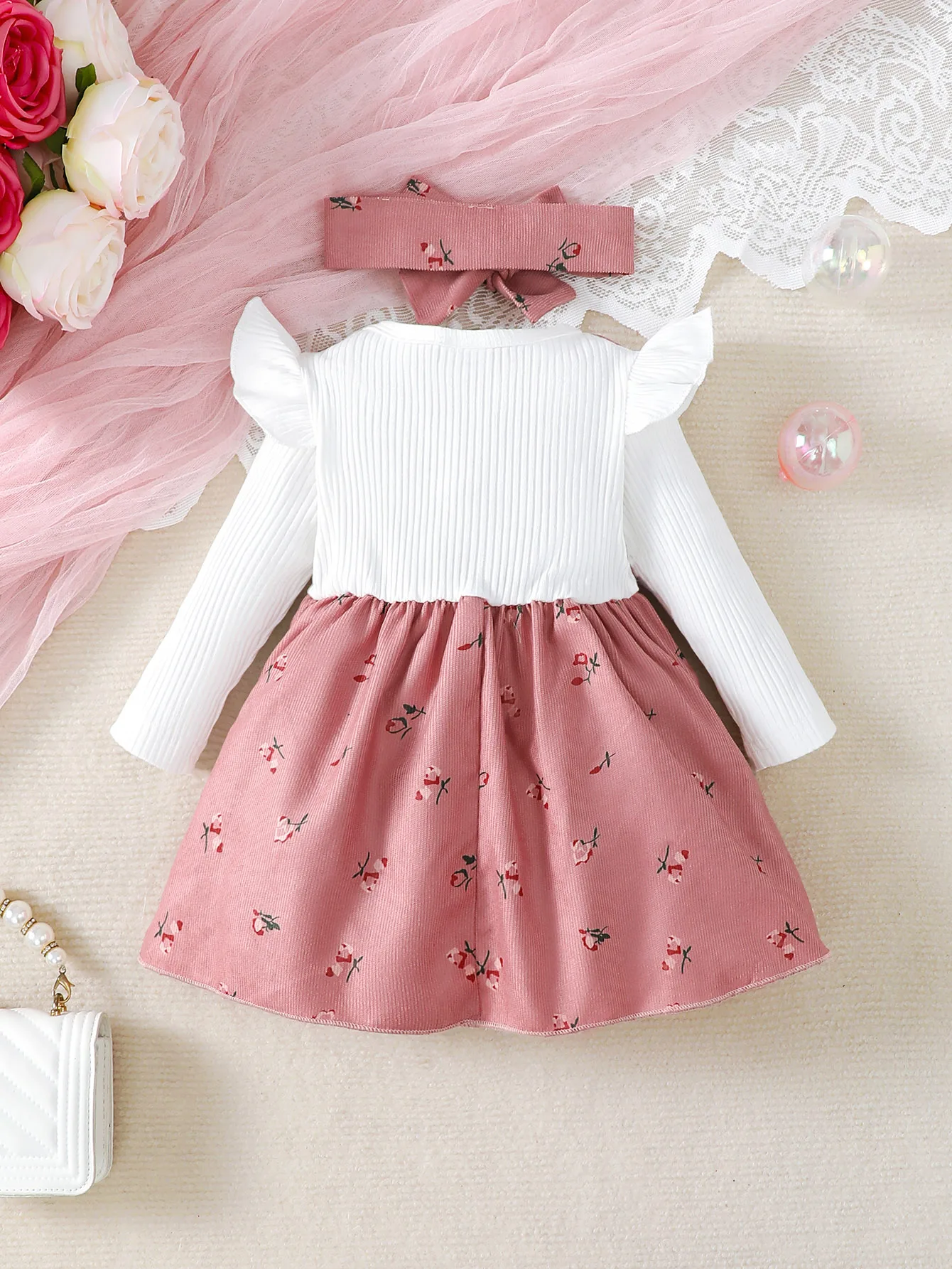 2pc/Set childrens\' baby girl Dress Color blocking Broken flowers Big Bow Princess Dress+Headband 0-24 Months Baby Fashion Dress