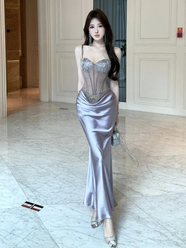 Elegante luxe paarse satijnen avondjurk vrouwen pure kant panelen multi-gelaagde bodycon zeemeermin rok party prom vestidos gewaad