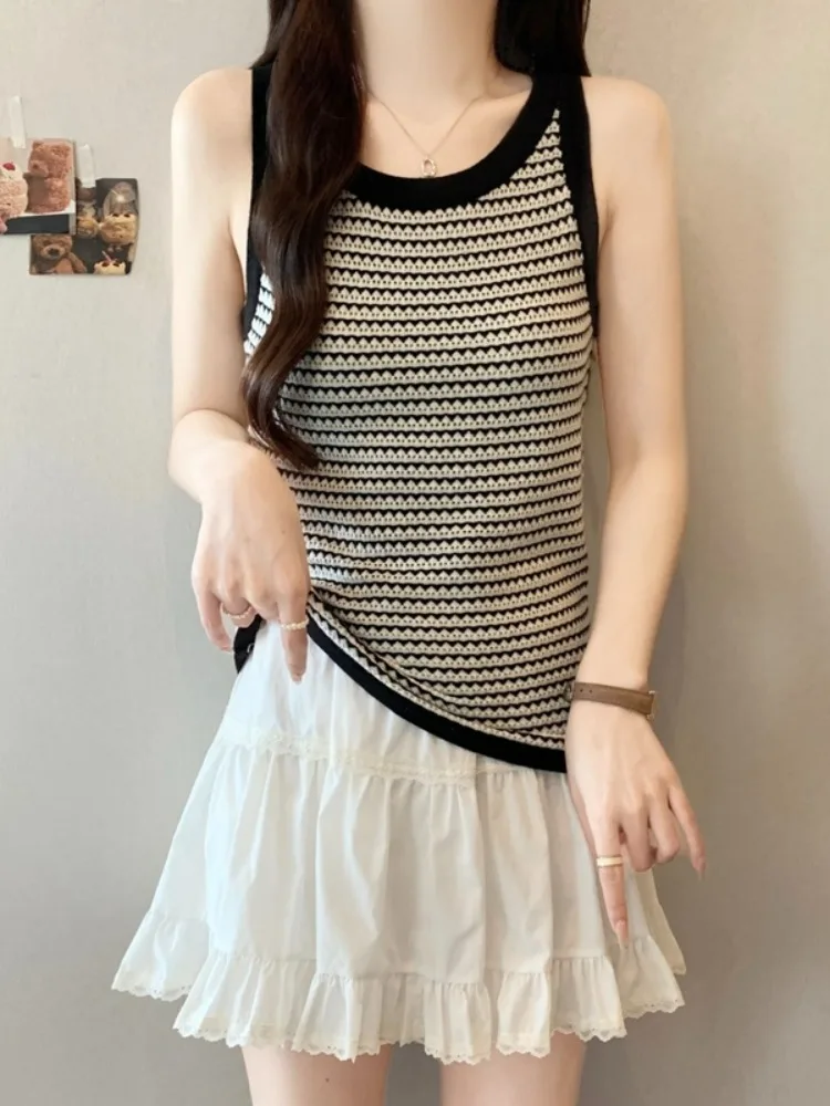 Gilet con cinturino lavorato a maglia a righe da donna Estate di grandi dimensioni Grasso MM Sensazione di fascia alta Strato base Abbigliamento interno Top Svel