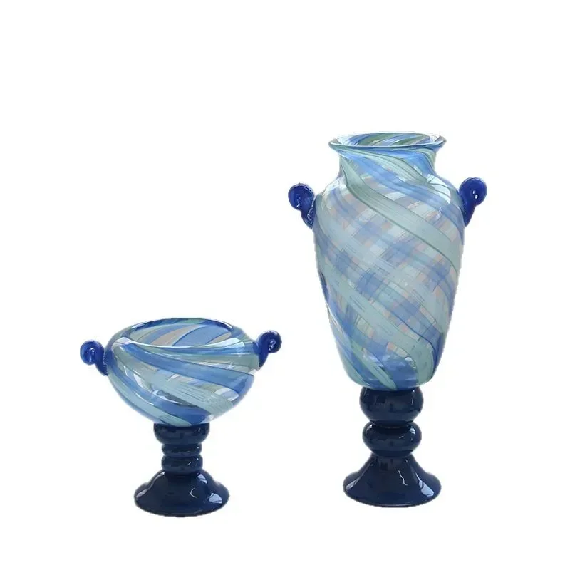 

French antique blue stripe with ears high wind lamp, door cabinet creative high-end glass large vase