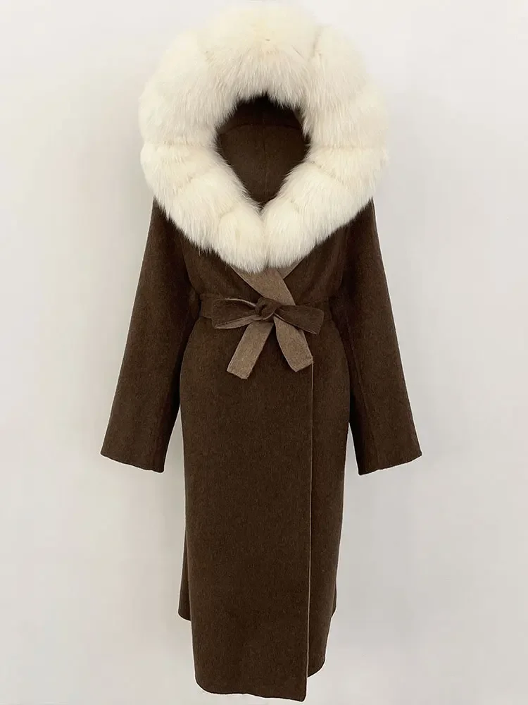 Women 2025 New Winter Hooded Detachable Collar Fur Wool Clothes Long Woolen Jacket Real Natural Fox Fur Coat Casual Overwears