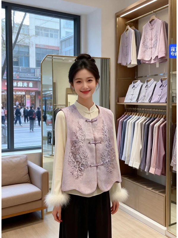 

Ретро-жилет в китайском стиле с вышивкой и пайетками, на пуговицах, женская верхняя одежда из полиэстера, весна-осень-зима, в стиле Тан