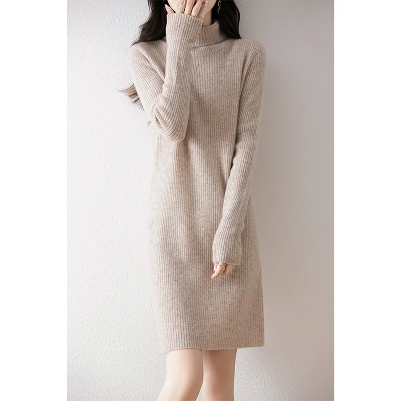 Autumn and winter new 100% wool high neck mid length slim fit sweater, hip hugging fashionable cashmere base skirt dress