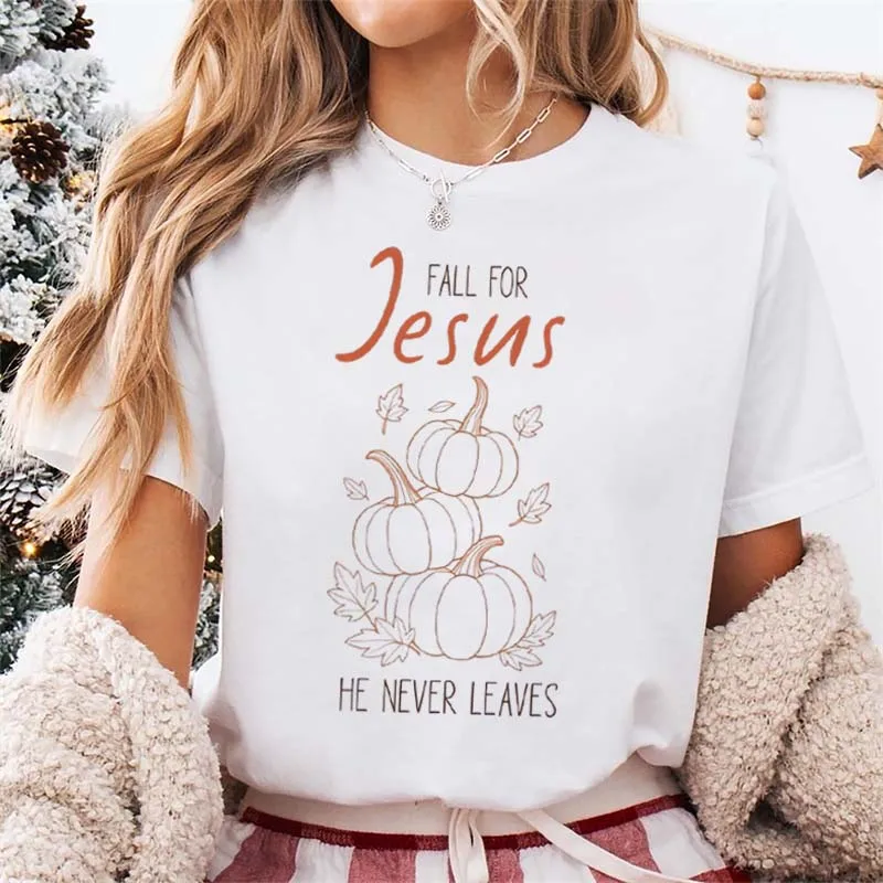 

Футболка Fall for Иисуса с тыквой, женская осенняя базовая футболка с милым рисунком, белый топ с короткими рукавами, модная женская футболка на День Благодарения