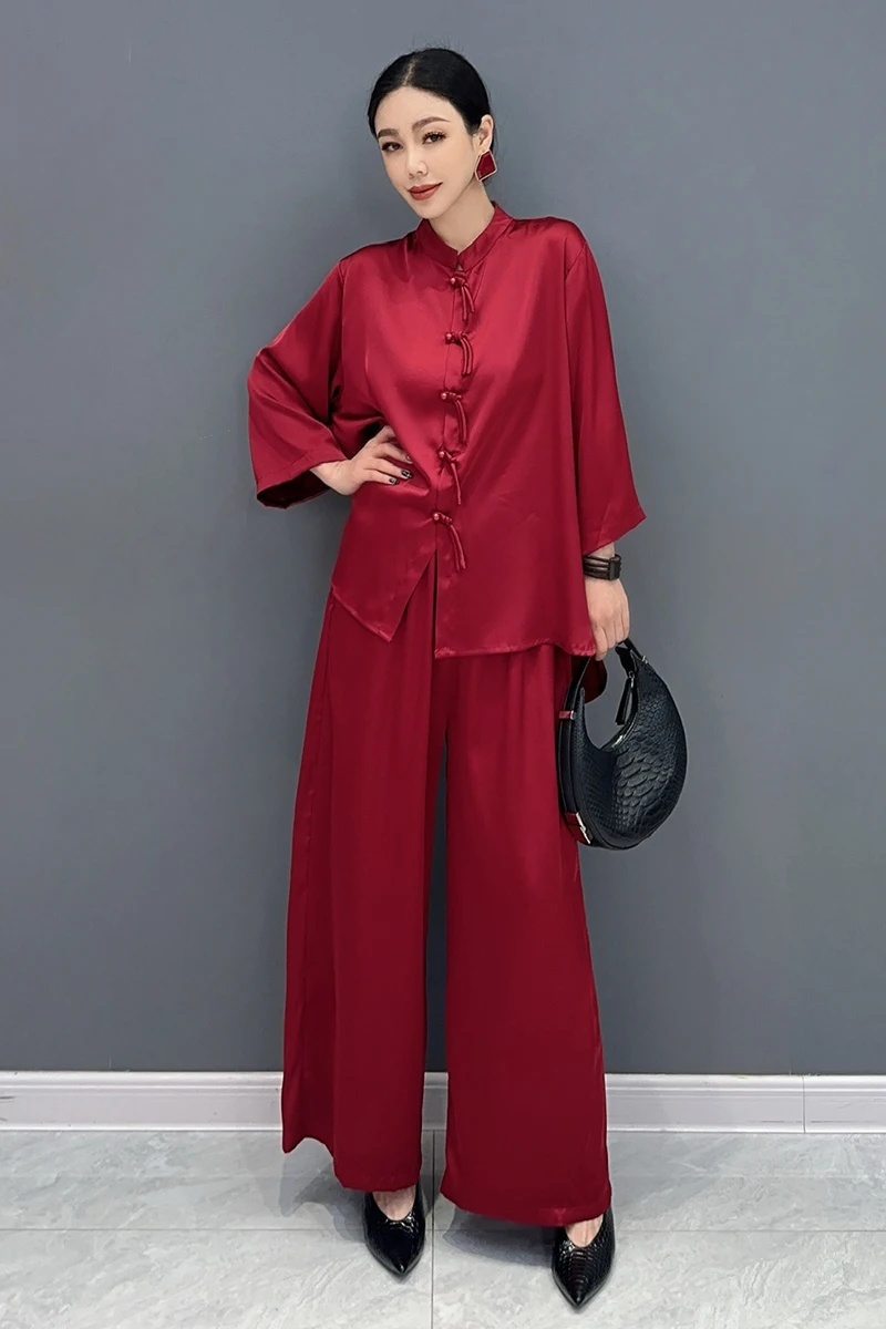 

SuperAen 2024 Summer New Retro Pan Button Chinese Style Set Loose Shirt Wide Leg Long Pants Two Piece Set