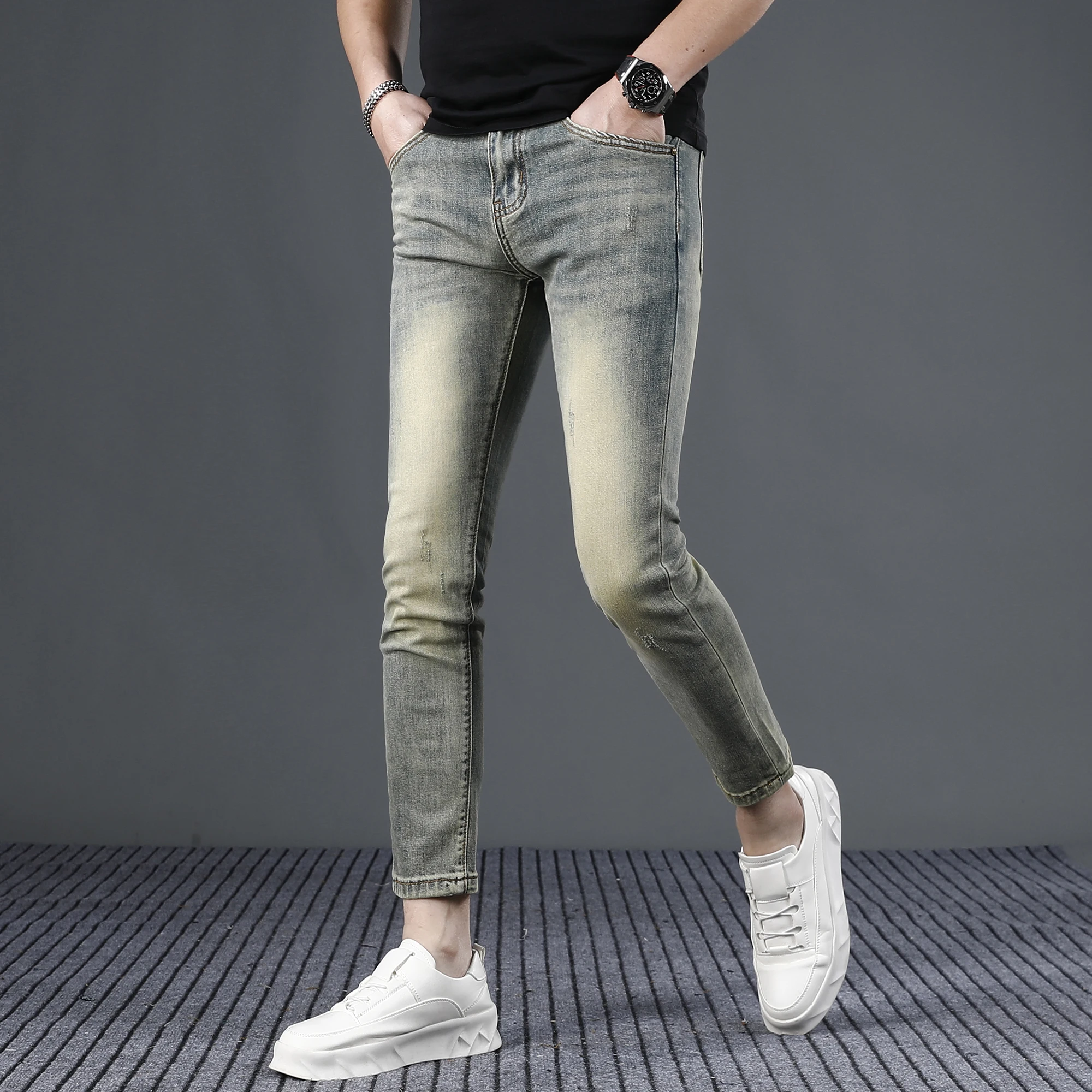 

Летние мужские джинсы Slim Fit, укороченные, повседневные, тонкие, эластичные, цвета желтой глины, износостойкие, с трехмерной отделкой