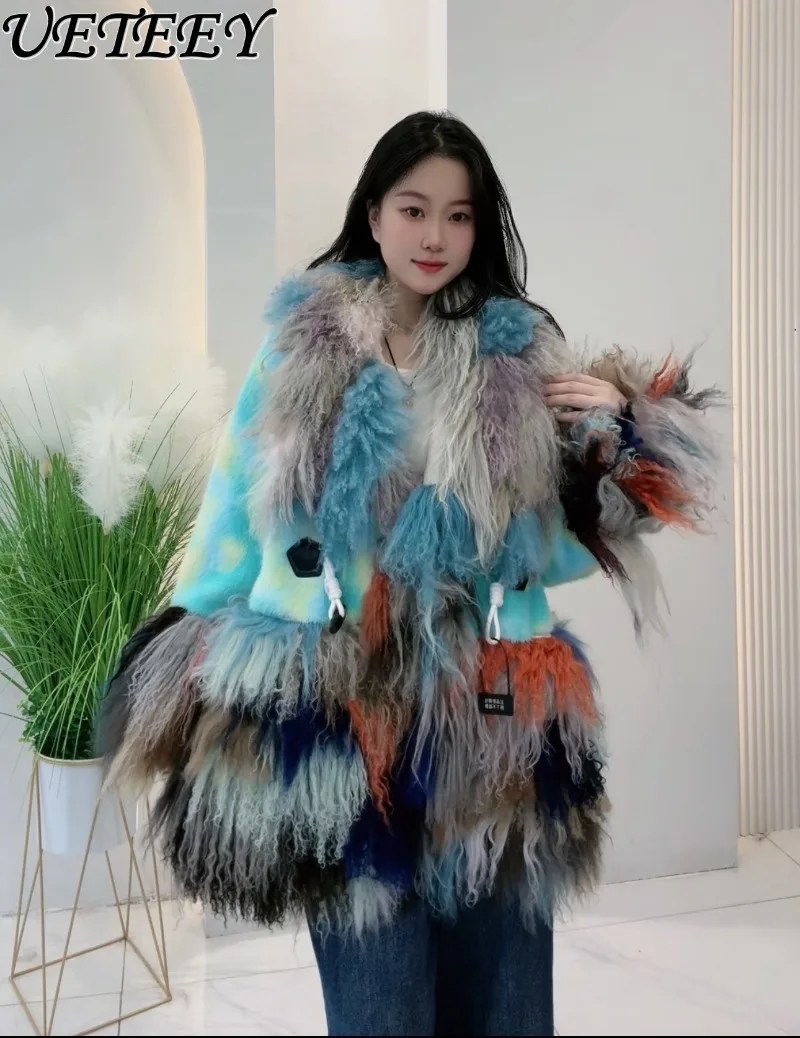 2023 Winter Neue Farbverlauf Faux Pelzmantel Vielseitig Unregelmäßige Blumen Mode Pelz Kragen Stilvolle Mid-länge Jacke für Frauen