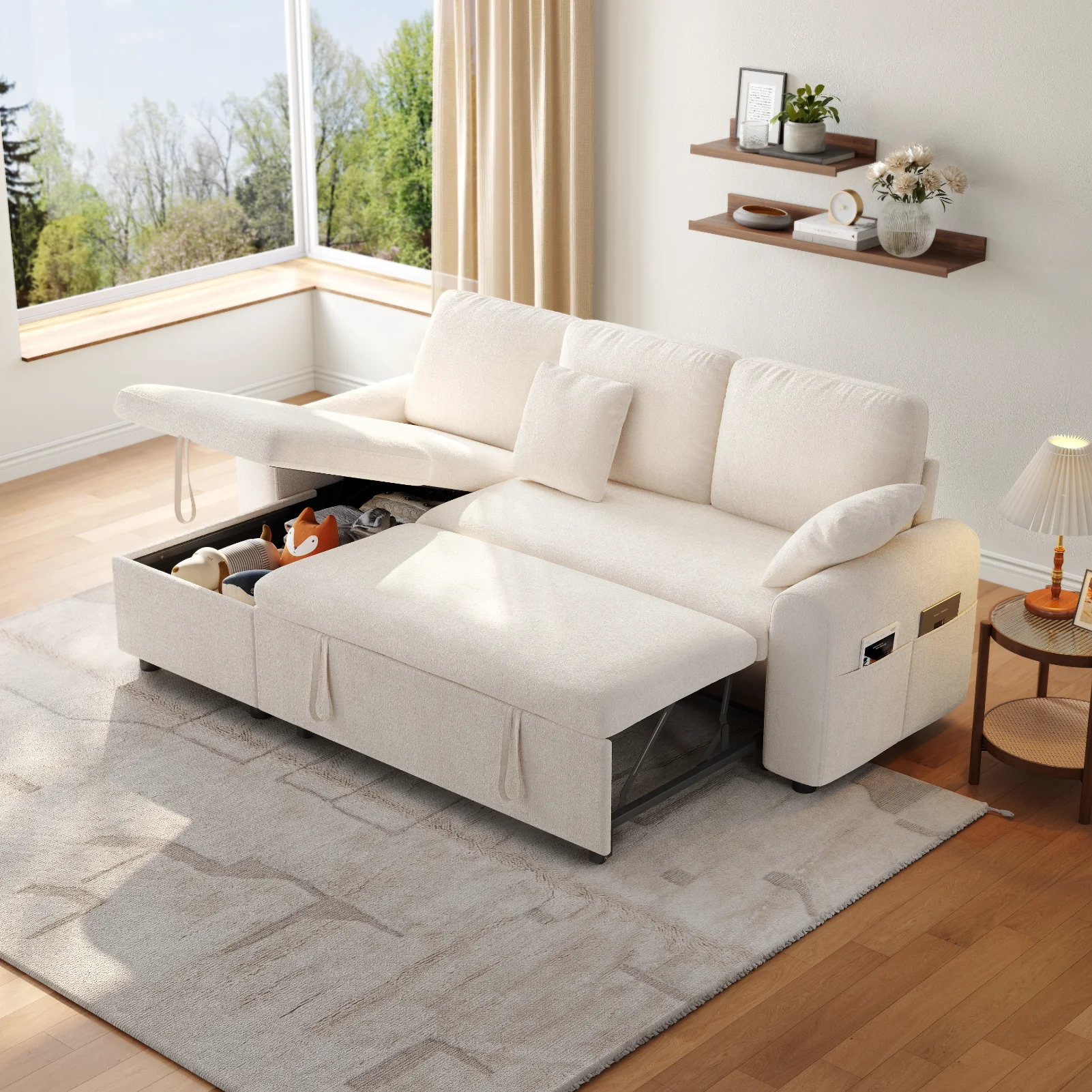 L Shaped Sleeper Sofa, 85" Pull Out Couch Bed with Storage Chaise, 2 in 1 Sectional Sofa Couch with Pullout Bed & 2 Pillows image 6