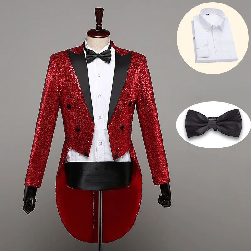 

KIDWHXR Men Blazer Set Patchwork Sequin Long Sleeve Bow Tailcoat Male Turn Down Collar Man Slim Stage Party Man Two-piece Outfit