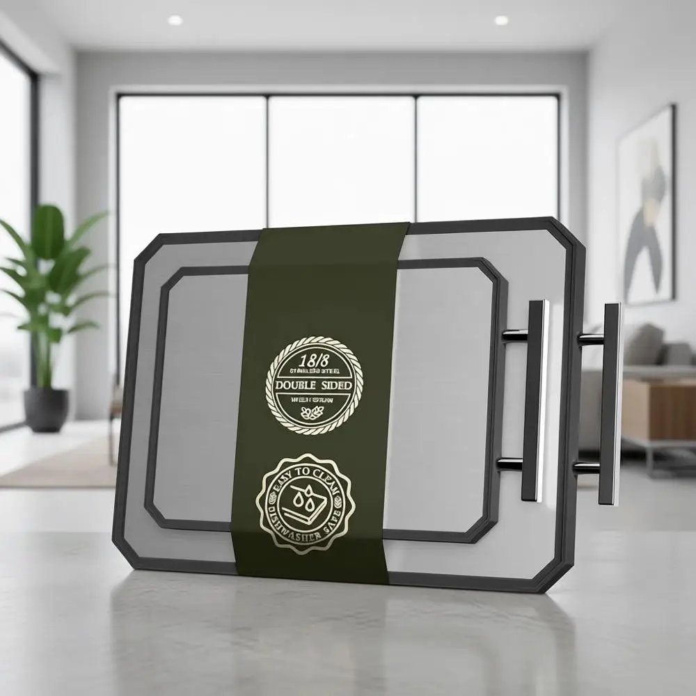 

Double-Sided Stainless Steel Cutting Board Set - Large for Kitchen Use, Dishwasher Safe, 16x11 and 12x8.3 Inches