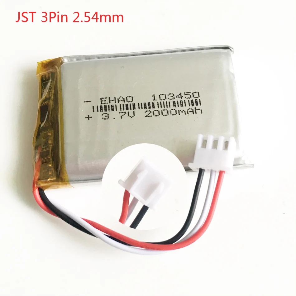 3.7V 2000mAh Lithium Polymer LiPo Rechargeable Battery JST XH2.54mm 3PIN Connector 103450 For DVD PAD camera GPS Speaker laptop