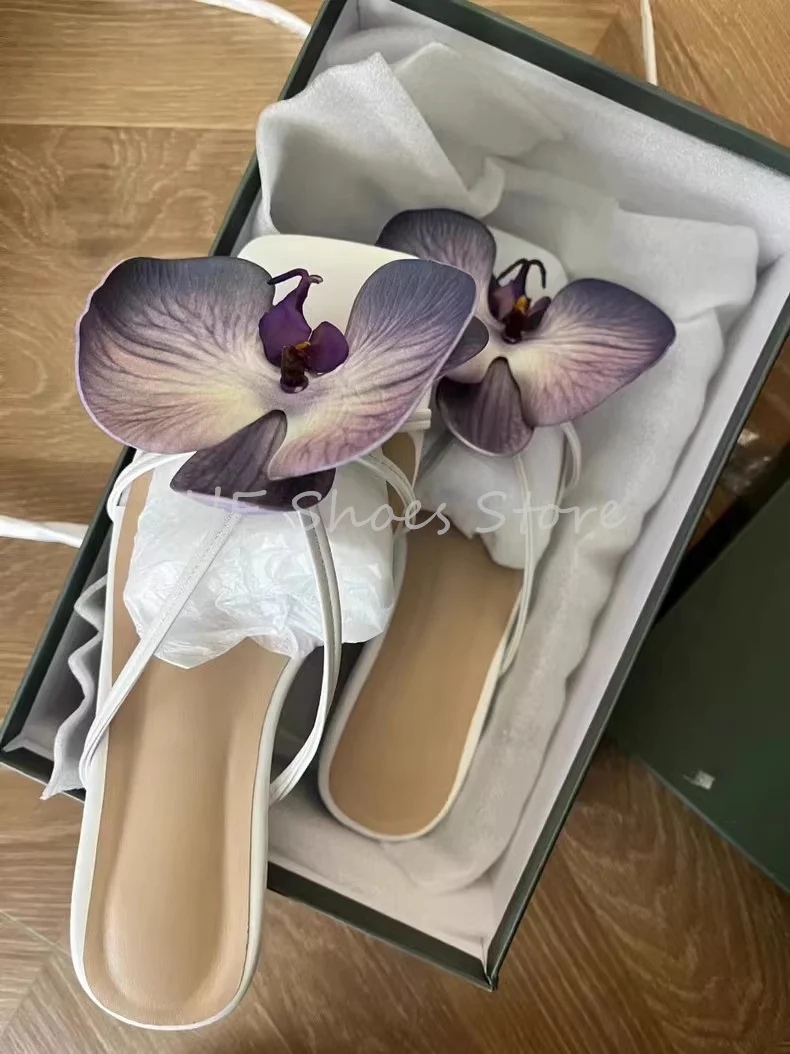 3D Orchid Flowers Decor Square Toe Narrow Band Sandals for Women Shallow Slip-On Slingback Pumps Ladies Hight Heels Slippers