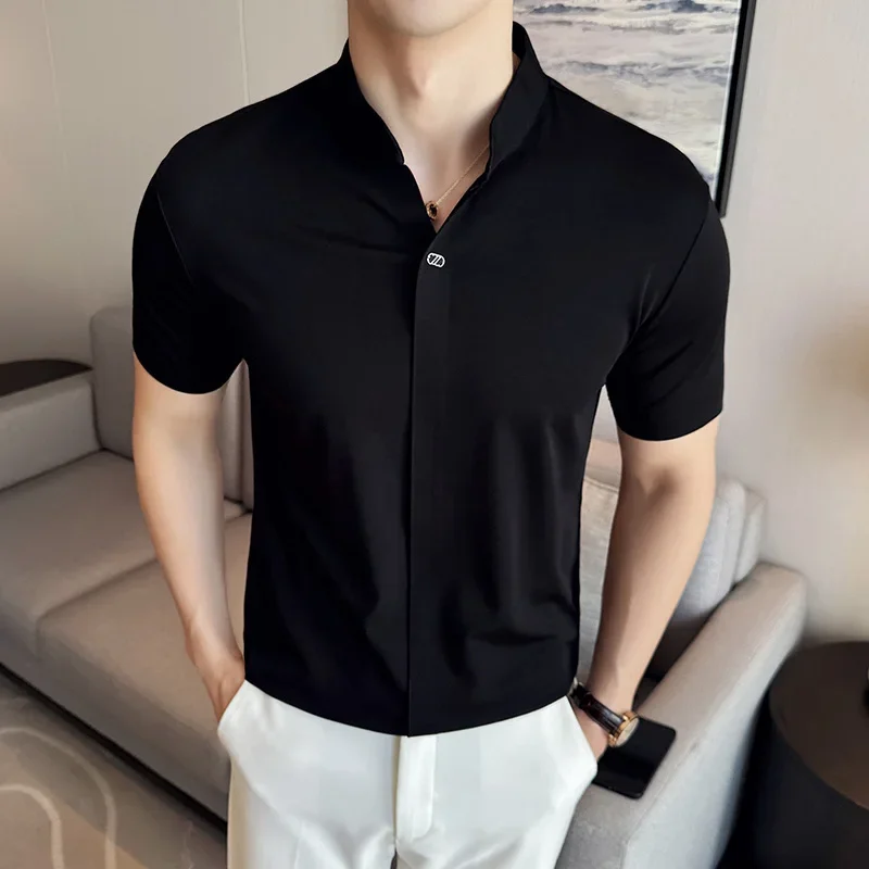 High Elastic POLO Shirt 2024 Summer New Thin Chinese Stand Up Neck Solid Color Casual Short Sleeved T-shirt Men\'s Clothing