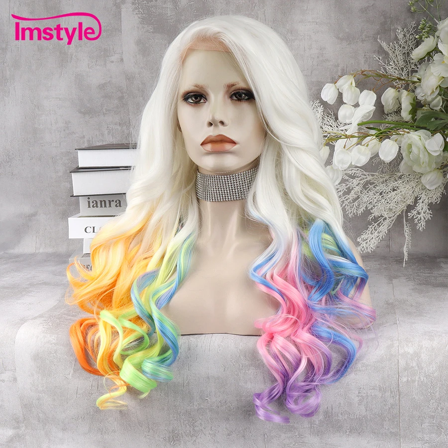 Imstyle Rainbow peruka Multicolor syntetyczna koronka peruka Front długie faliste peruki dla kobiet włókno termoodporne imprezowa peruka Cosplay