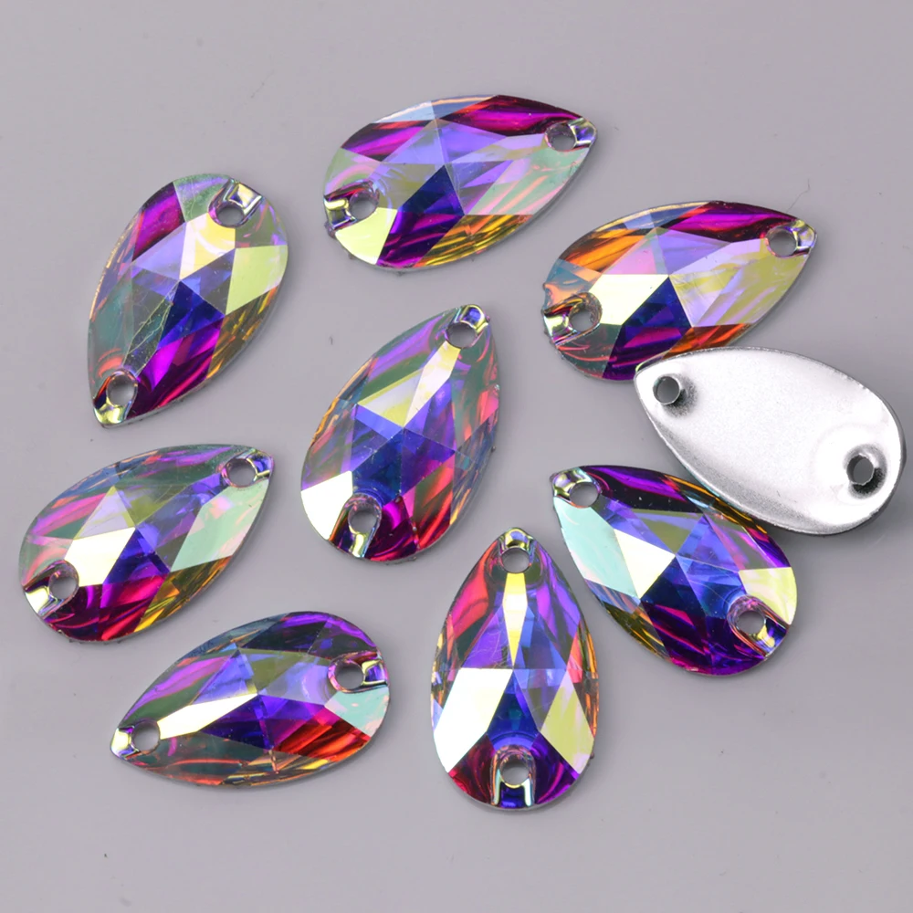 

100pcs Crystal AB Resin Teardrop Sew On Stones, 7x12mm,10x14mm,10x18mm,13x22mm,17x28mm Flatback Tear Drop Rhinestones