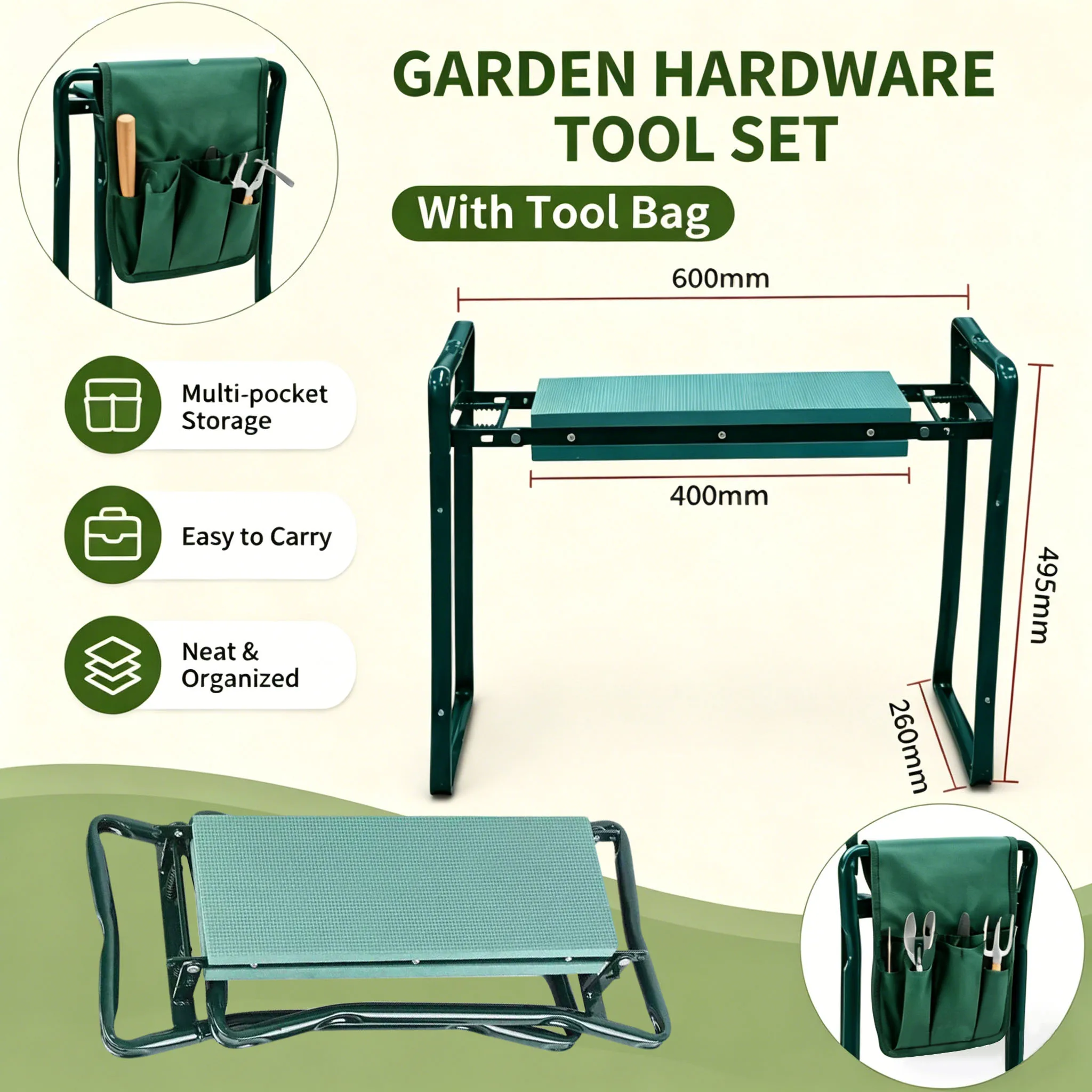 

Folding Portable Iron Garden Kneeling Stool, Square Outdoor Kneeler with Detachable Tool Pouch, Compact for Camping Hiking Trave