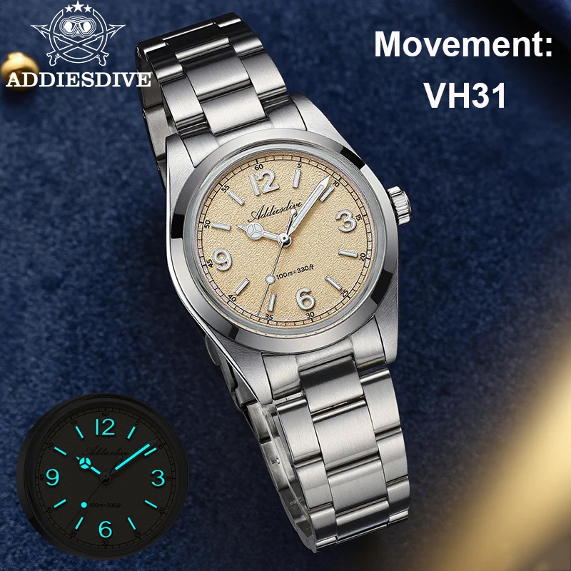 Addiesdive relógio masculino 2025 novo ad2518 ar revestimento de vidro cúpula à prova dwaterproof água 100m mergulho aço inoxidável luminoso vh31 relógio quartzo