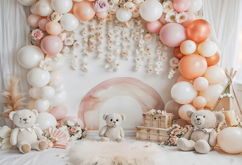 Mehofond Photography Background Boho Rainbow Balloon Bear Kids Birthday Party Cake Smash Portrait Decor Backdrop Photo Studio