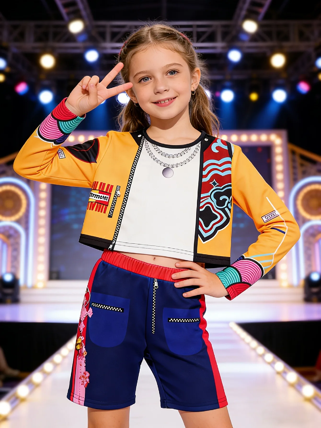 2-teiliges Graffiti-Hip-Hop-Set für Mädchen, kurze Jacke, Crop-Top, Shorts, 4-12 Jahre, Kinder-Streetwear für Bühnenshows, Tanzaufführungen, cooles Outfit – Detail 3