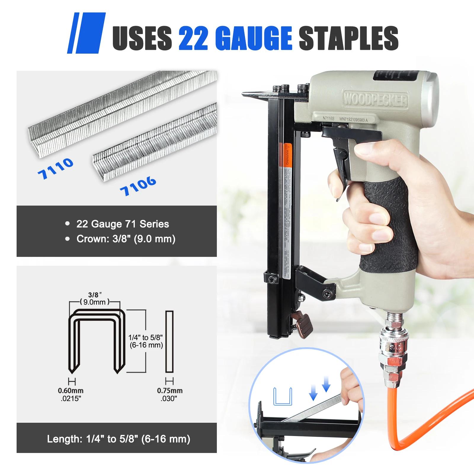 WOODPECKER N7116S 22 Gauge Pneumatic Continuous Firing Upholstery Stapler, 9.0mm Crown 6-16mm Length, for Woodworking, Furniture