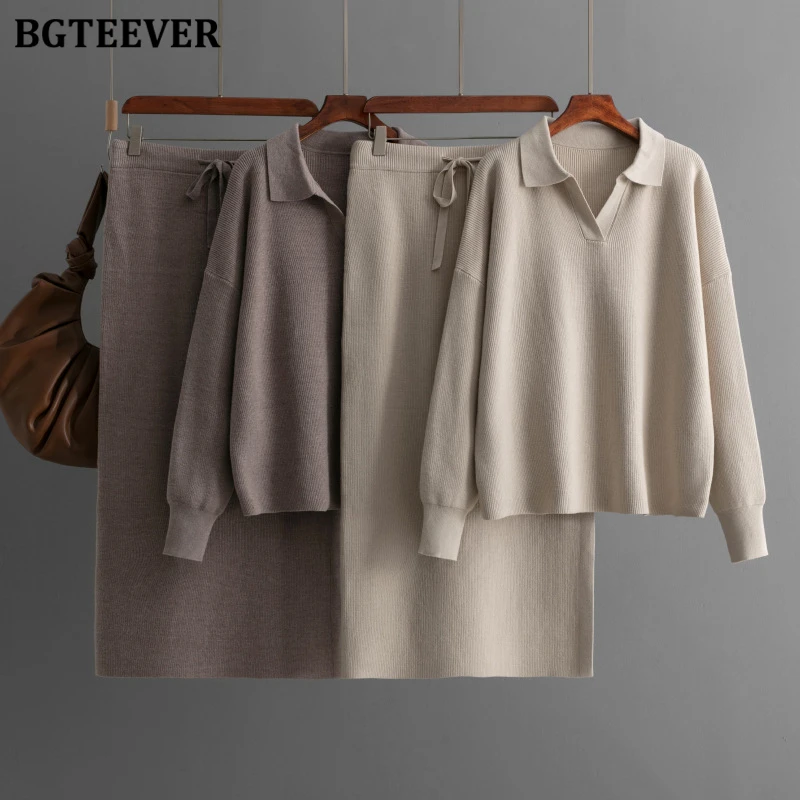 BGTEEVER Vintage Warm Ladies Knitted Skirt Suits Long Sleeve Lapel Pullovers Sweaters & High Waist Lace-up Package Hip Skirts