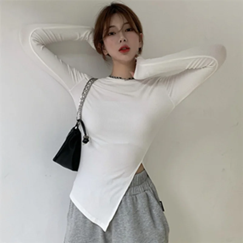 Spring Side Split Irregular Thin Tops for Female Black White Long Sleeve O-neck Slim Girls\' Knitting Pullovers Woman Tees Shirts