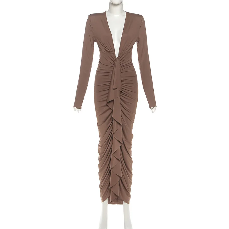 Autumn Women Elegant Sexy Ruffles Ruched Bodycon Maxi Dress Deep V Neck Full Sleeve Slim Party Long Robe Banquet Evening Gown