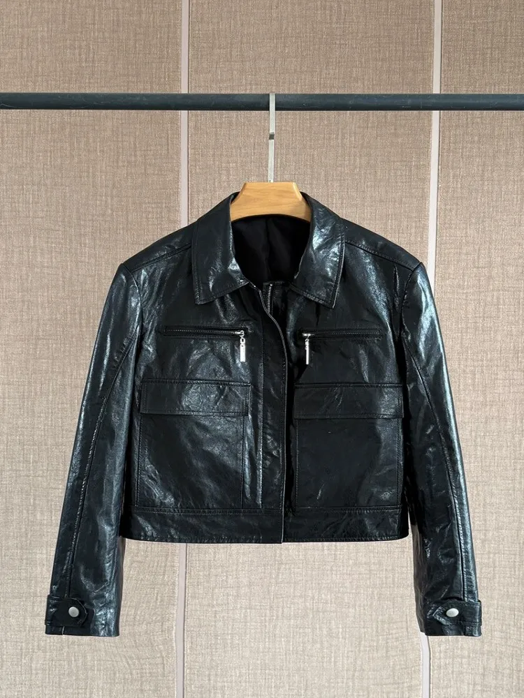 Giacca corta da donna in vera pelle moda colletto couverture tasca vera pelle di pecora ufficio signora moto cappotto in cera d'olio capispalla