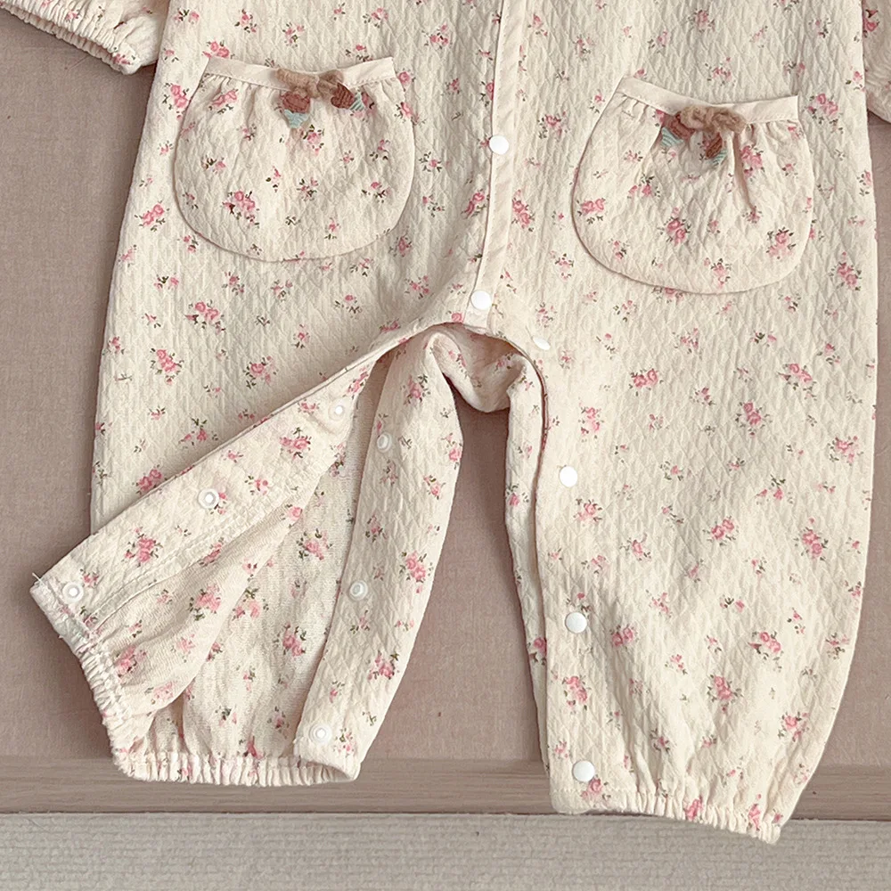 Baby Clothing Floral Romper 2024 Spring New Fashionable Baby Onesie Korean Style Lace Lapel Floral Hooded Long Romper