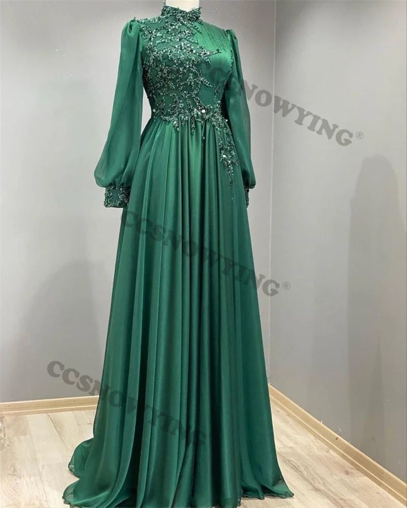 

Green Chiffon Appliques Hijab Muslim Evening Dresses Long Sleeve Islamic Women Formal Party Gown Arabic Dubai Robes De Soirée