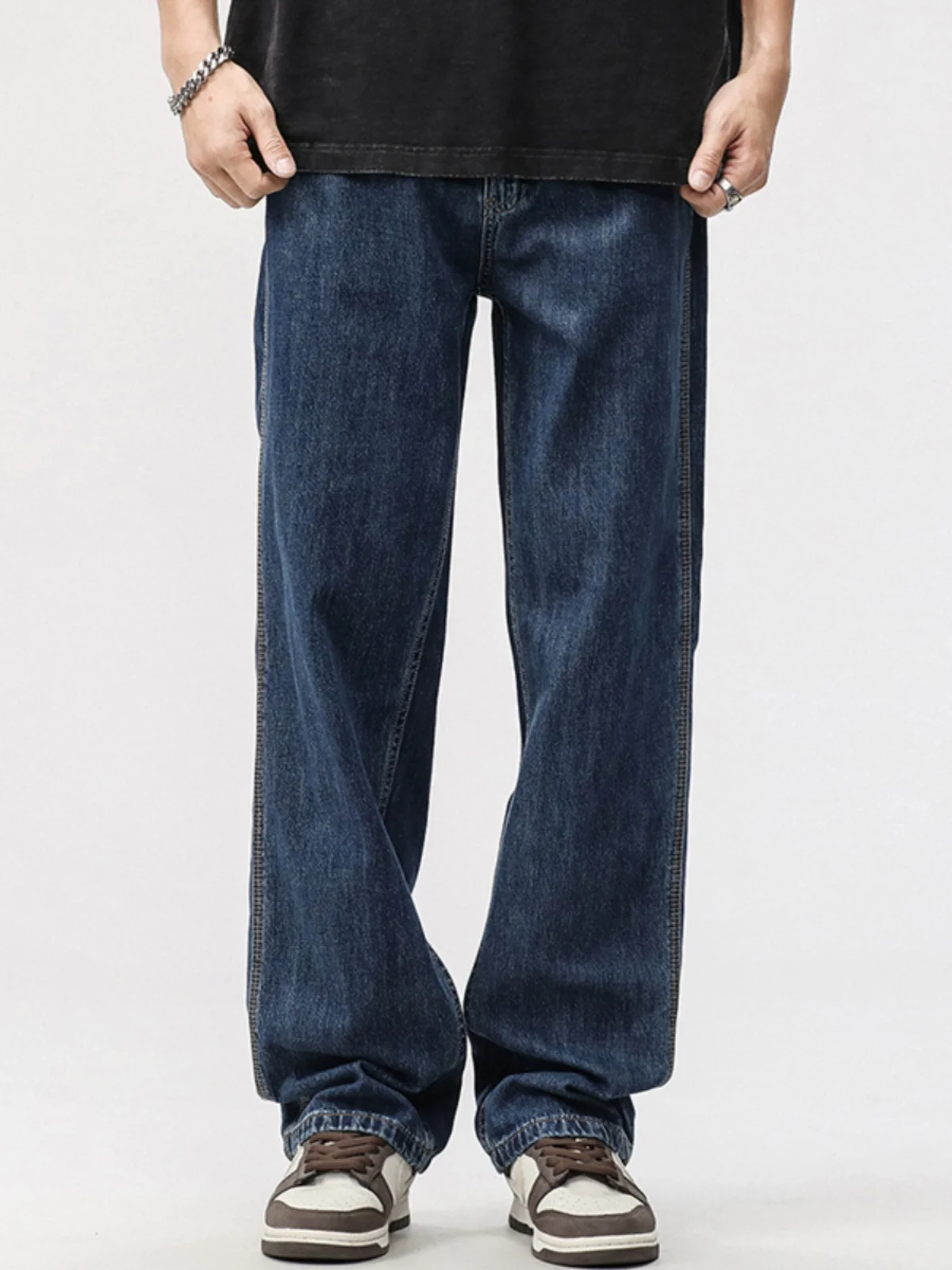 

Новые летние мужские джинсы глубокого синего цвета, прямые, свободные, универсальные, простые, повседневные, широкие, длинные брюки, тонкие, модные, из хлопкового стрейч-денима