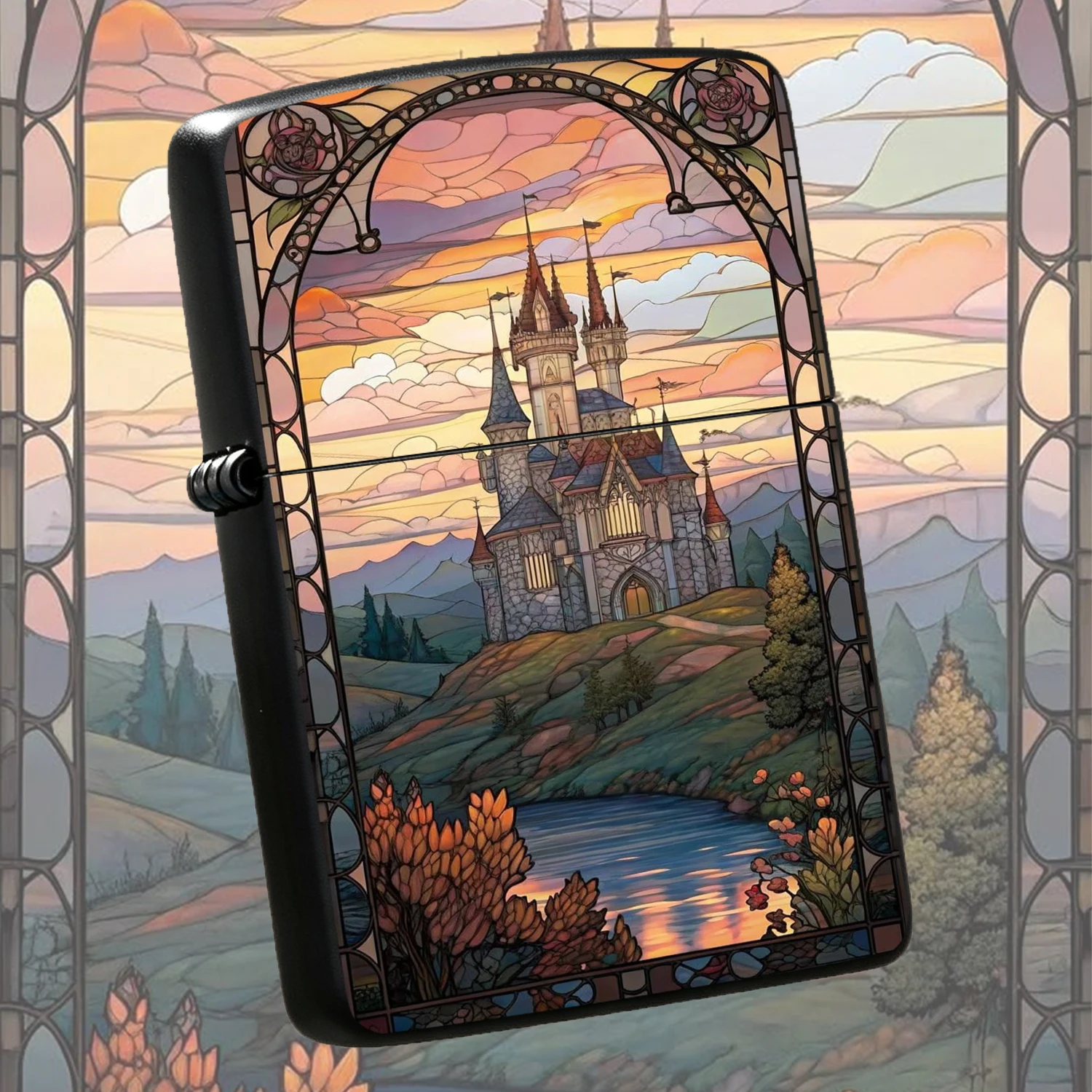 Vintage Stained Glass Fairy Castle Pattern Windproof, Artistic Scenery Printed Portable, Exquisite Trendy Gift For Boyfriend Friends, Durable High Quality Pocket For Daily Outdoor Use A Fun And Humorous Lighter