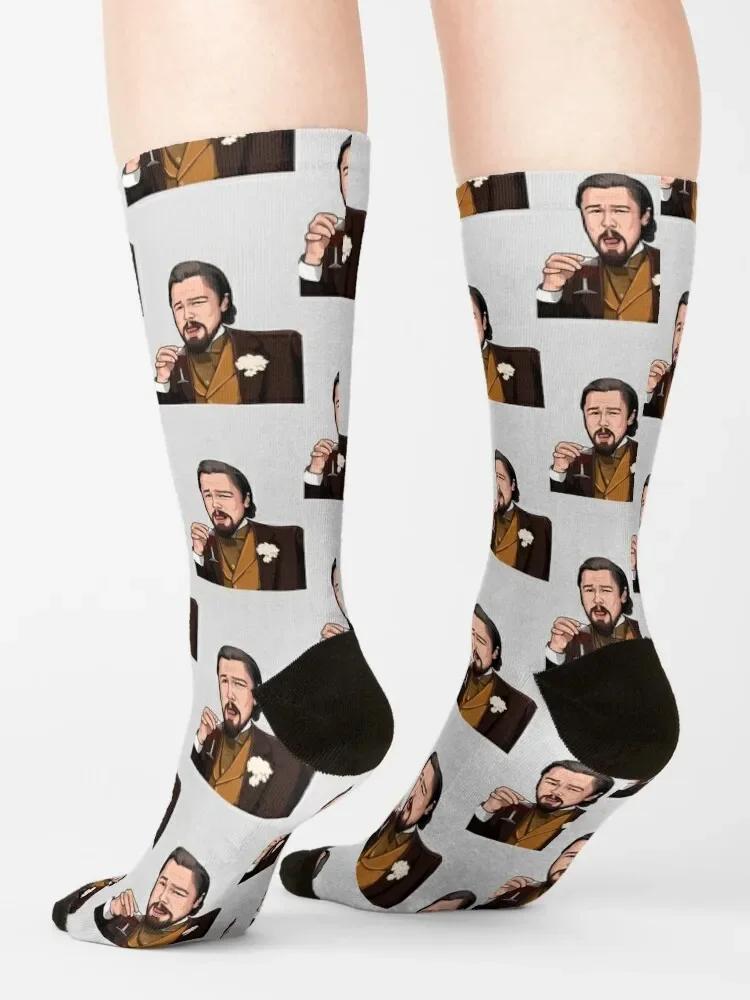 Leonardo DiCaprio Meme Laughing Leo calcetines de diseñador floral, regalos de invierno, calcetines de moda para hombres y mujeres