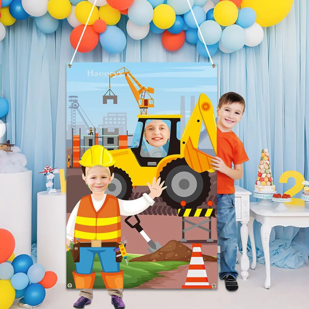 

Construction Face Photo Banner Excavator Hole in Frame Background Party Decor for Teens Friends Gathering