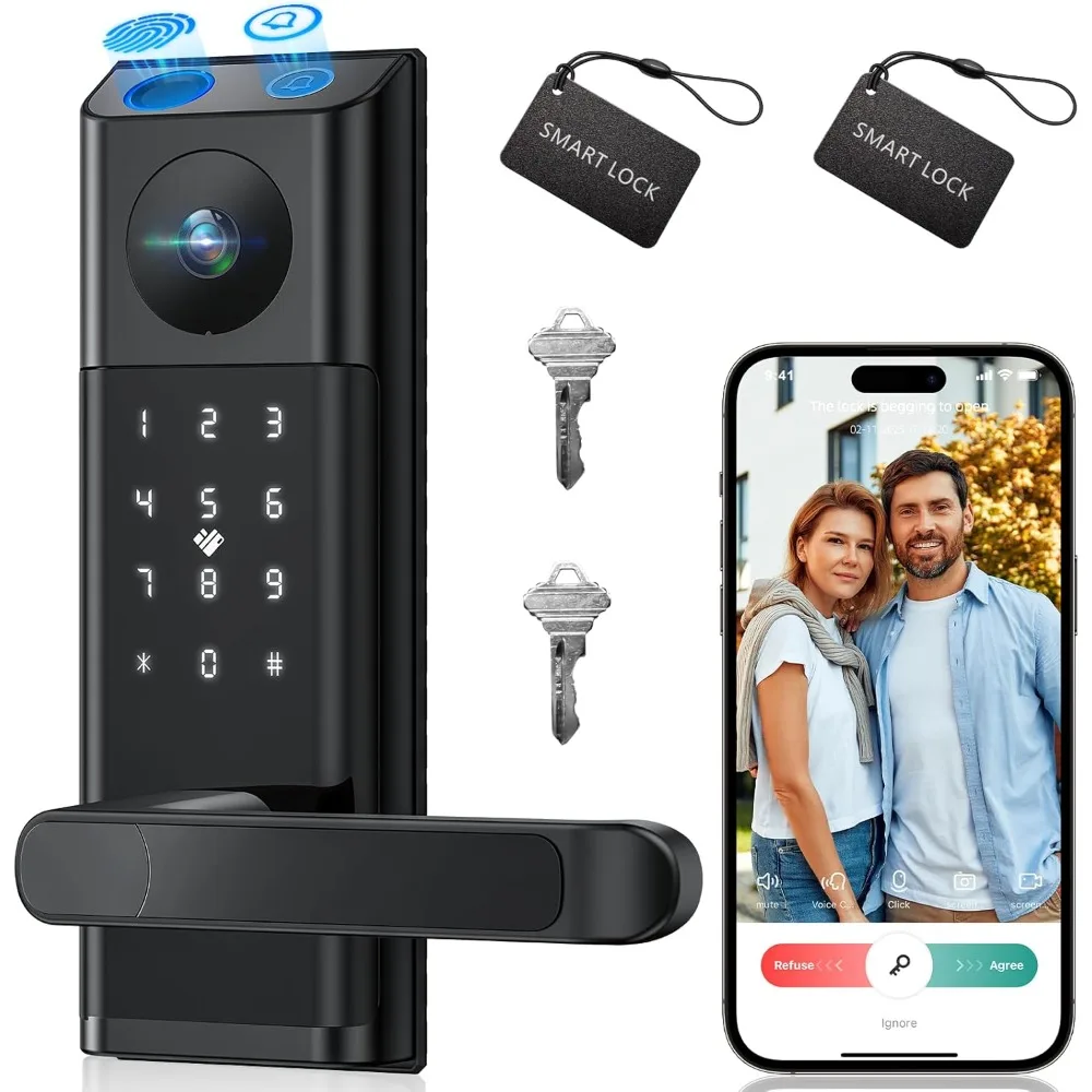 Video Smart Lock with Camera & Doorbell, 5-in-1 Keyless Entry Door Lock with Handle, Fingerprint+Keypad Code+App Remote Control+