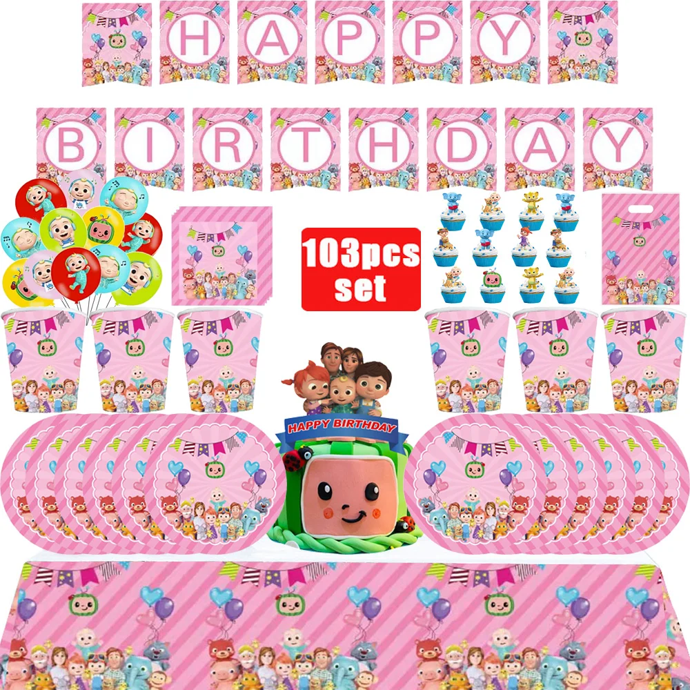 Decoración de Fiesta de Cumpleaños de Cocomelon, Vajilla Familiar de Dibujos Animados, Mantel, Plato, Vaso, Regalo, Globo, Juego de Pastel, Suministros para Fiestas Infantiles