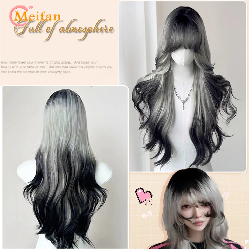 MEIFAN Synthetic Long Straight Lolita Wig with Bangs Wig Girl Cute Ombre Pink Blonde Black Cosplay Party Halloween Harajuku Wig