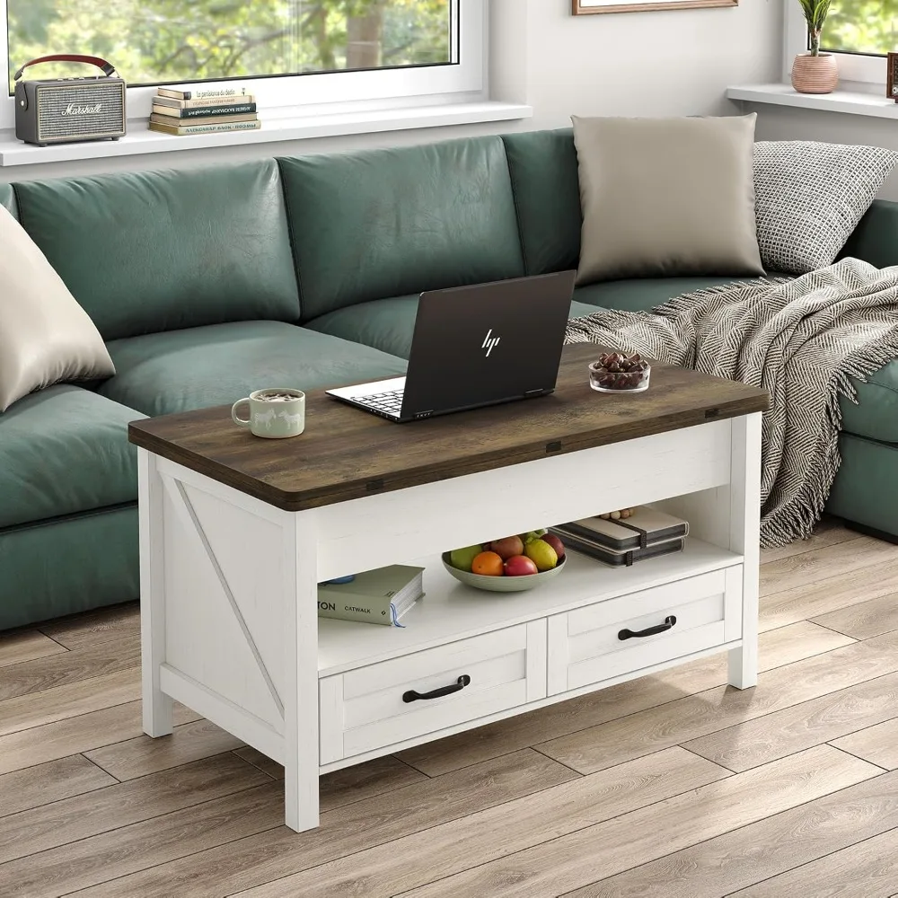 Coffee Table with 2 Storage Drawers and Open Storage Shelf, Retro Multi-Function Lift Top Coffee Table Converts to Dining Table