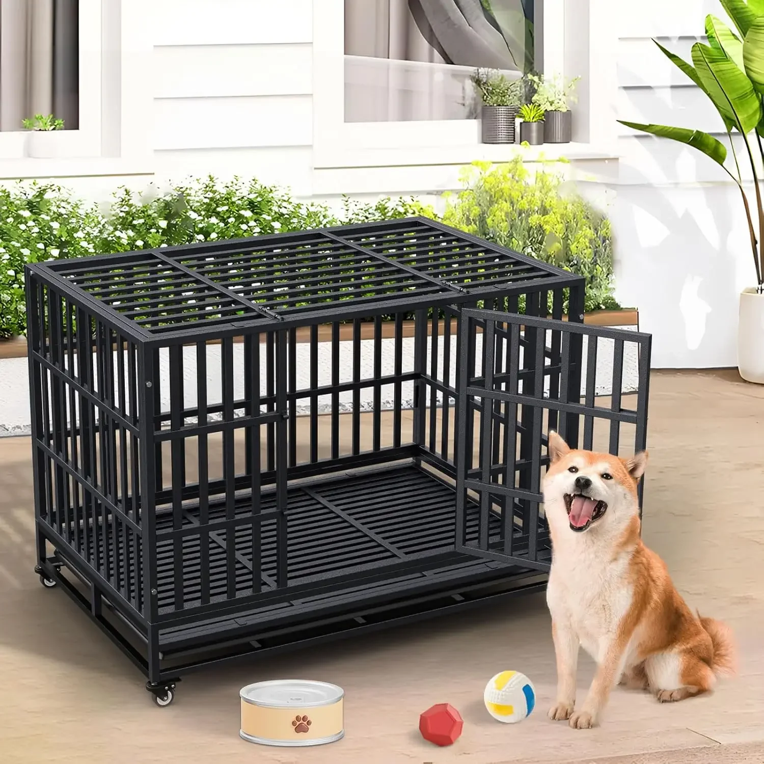 48'' Heavy Duty Dog Crate Metal Indestructible Dog Cage, Escape Proof Dog Kennel with Lockable Wheels, Removable