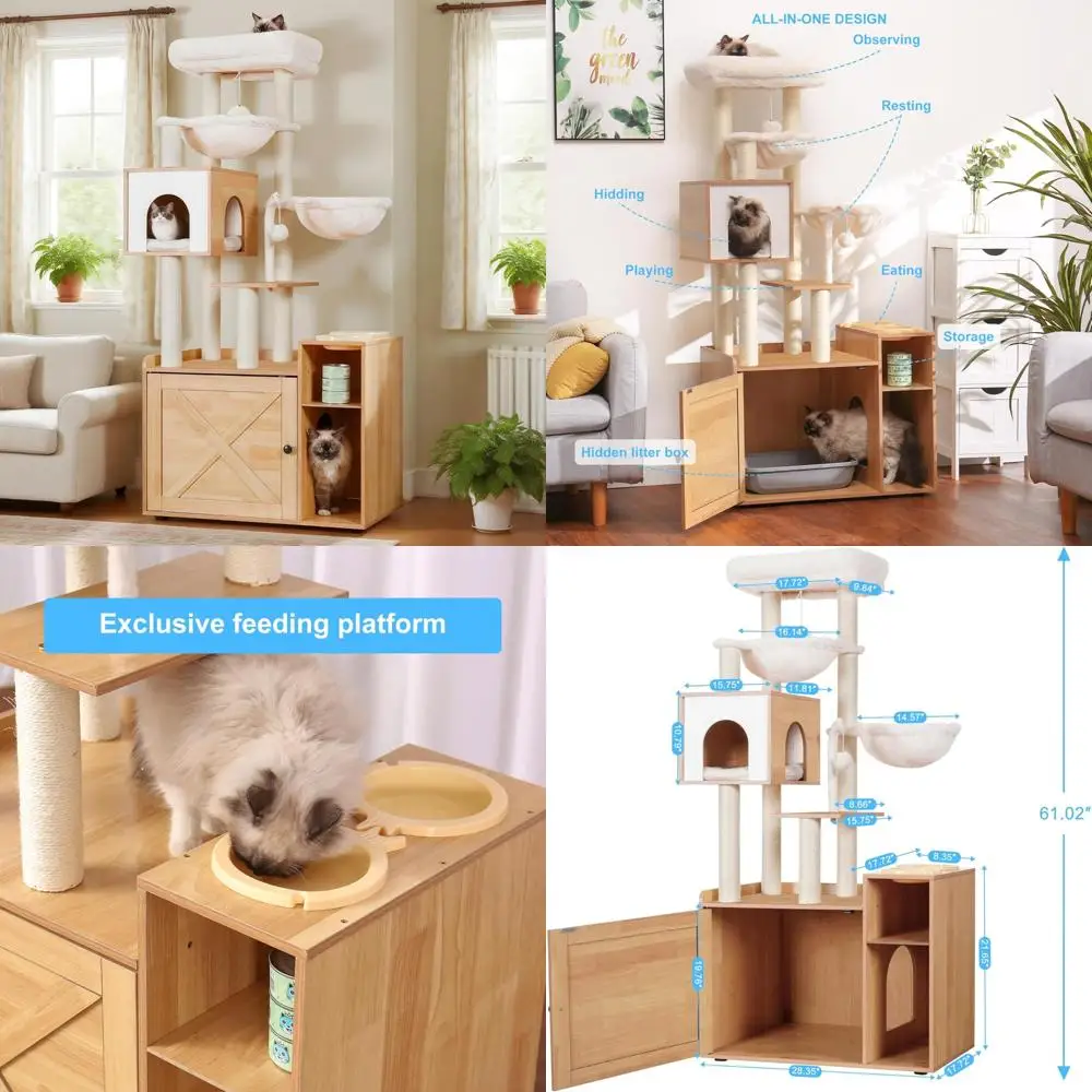 

Indoor Cat Tree with Litter Box Area, Modern Tower Featuring Spacious Platform, Elevated Food Station, and Dual Perches