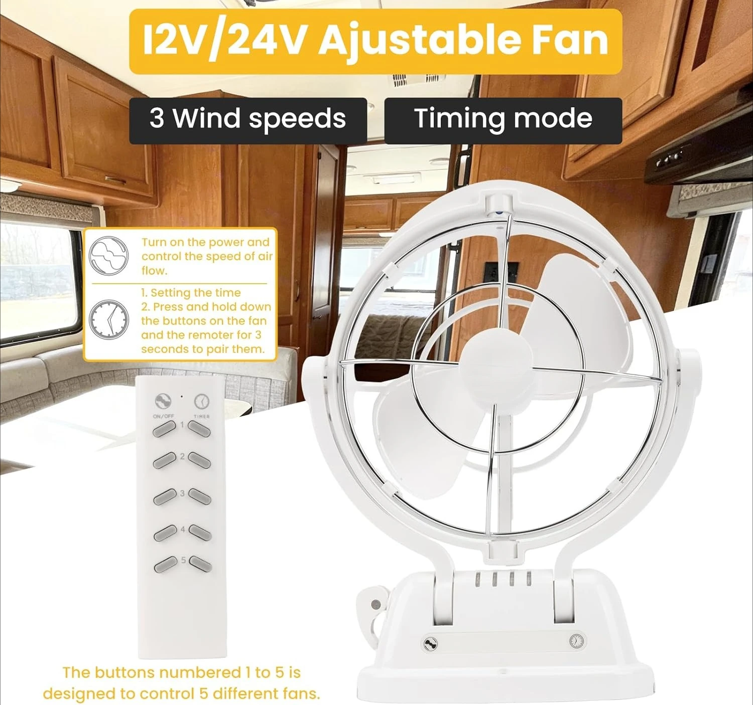 RV Fan 12V/24V With Remote Control, 725 CFM Powerful Airflow, 3 Speed Quiet Cooling Fan, 360° Adjustable With Timer For Camper,
