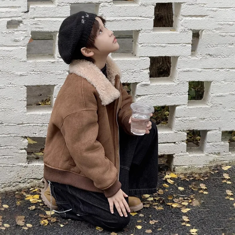 High-End Children's Real Wool Fur Jacket Thicker Warm Motorcycle Jacket Coat For Boys Girls A4826