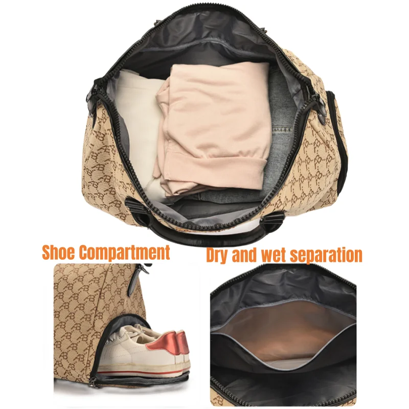 Sac de sport ours brodé pour femme, grande capacité, sac à main de voyage avec zone de support et compartiments à chaussures, sac à bandoulière d'entraînement, mode