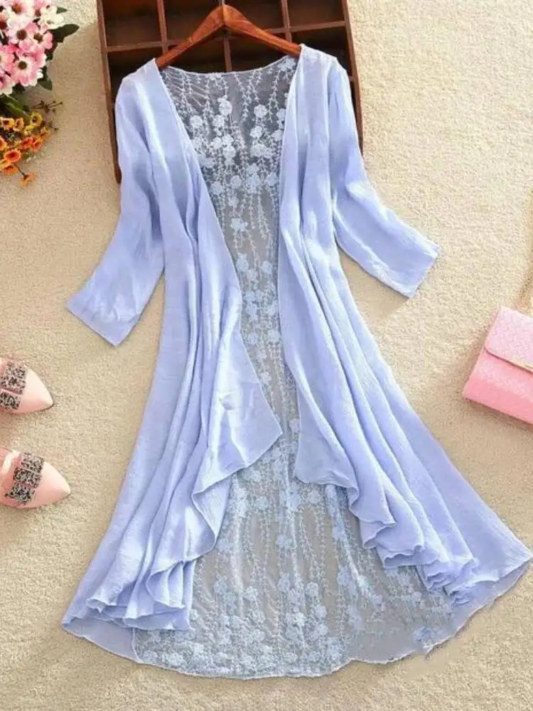 Giacca da donna in pizzo estiva elegante mezza manica ricamo floreale cappotti in pizzo sottile capispalla cardigan bianco da donna