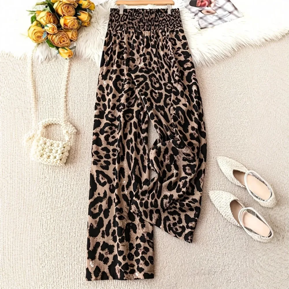 Women's Clothing Loose Wide Legs Trouser Leopard Print Casual Pants Trendy Simple Style All-match Pantalones Comfortable Fashion