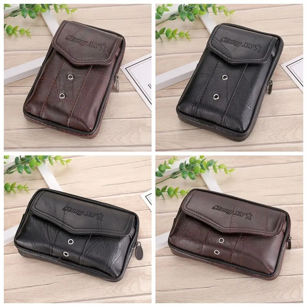

Cowhide Leather Men Phone Pouch Classic Texture Solid Color Phone Waist Bag Delicate Design Male Waist Pack for Mobile Phone