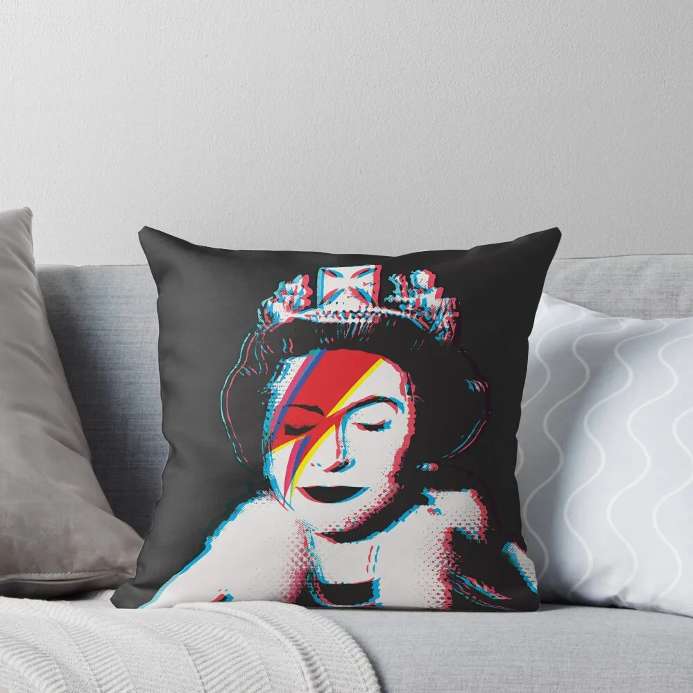 

Banksy UK England God Save the Queen Elisabeth rockband face makeup lightning red and blue 3D anaglyph Retro effect Throw Pillow