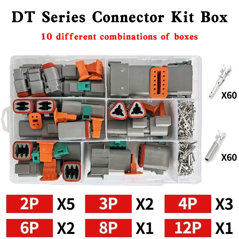 

1Box DT06-2/3/4/6/8/12S Deutsch DT Series Waterproof Wire Connector Kit DT04-2/3/4/6/8/12P Automotive Sealed Plug with Pins Box