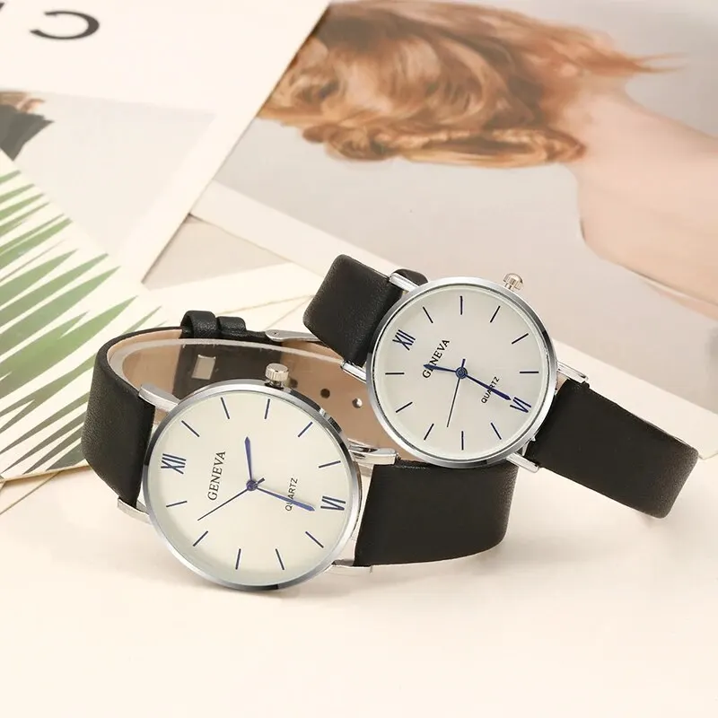 2PCS Set Couple Fashion Casual Black Leather Watches Ladies Simple Dial Quartz Wristwatches Dress Clock Montre Femme